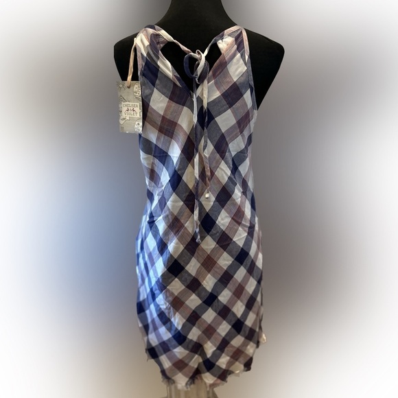 NWT violet color block Pattern Dress beige buffalo fringe hem cottage core XS D2 - Picture 3 of 10